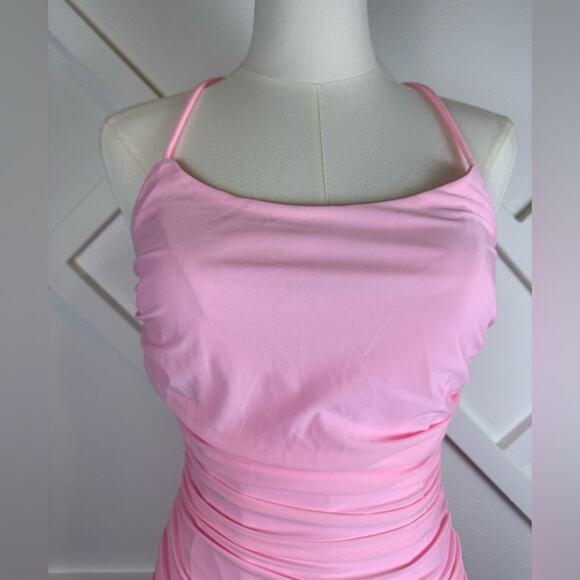 NWOT Lulus Confident Allure Light Pink Ruched Lace-Up Bodycon Mini Dress Small - Picture 4 of 12